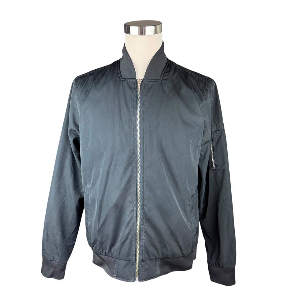 21 Men (Forever 21) Men's L Black Bomber Jacket, Full Zip, Ribbed Collar & Cuffs